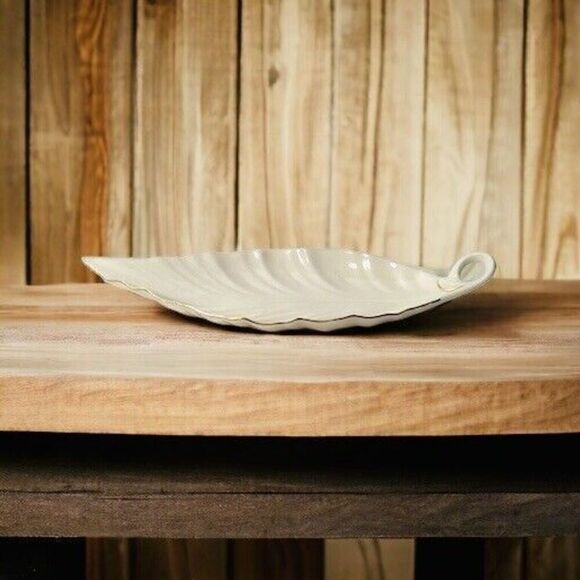 Vintage Lenox Leaf Candy Dish 10" Long - Ivory w/ Gold Trim Made in USA - Picture 5 of 6